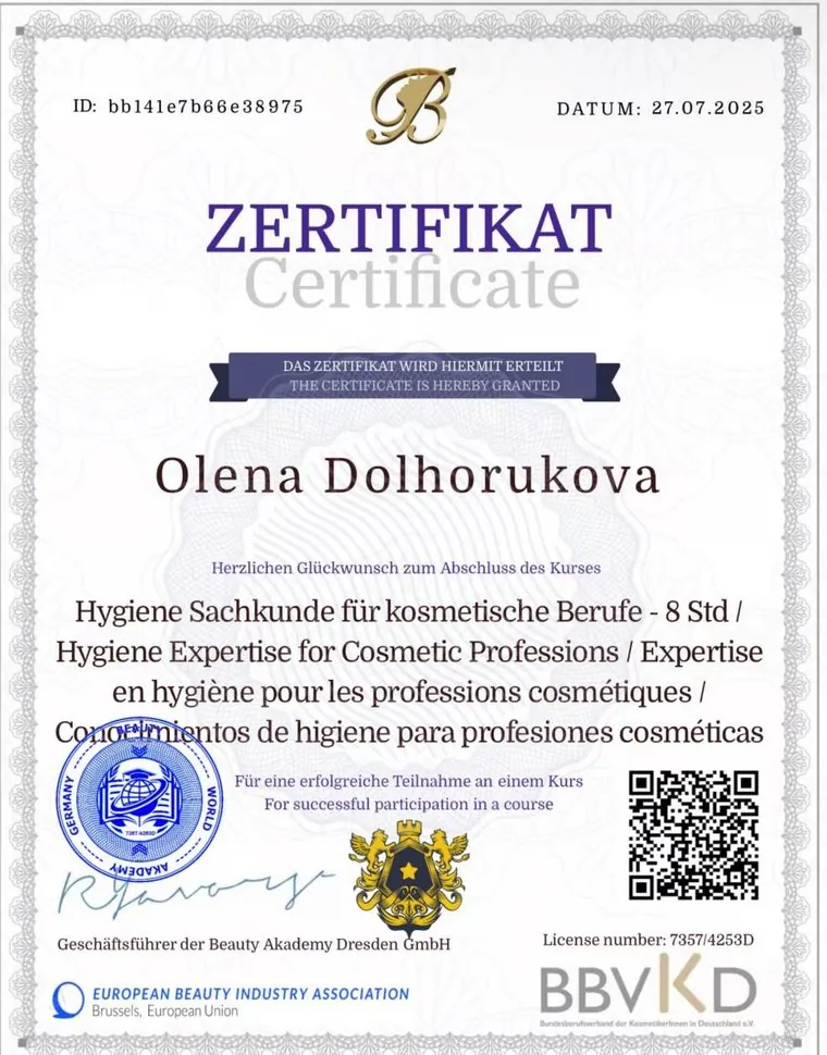 Zertifikat Olena Dolhorukova: Hygiene-Sachkunde